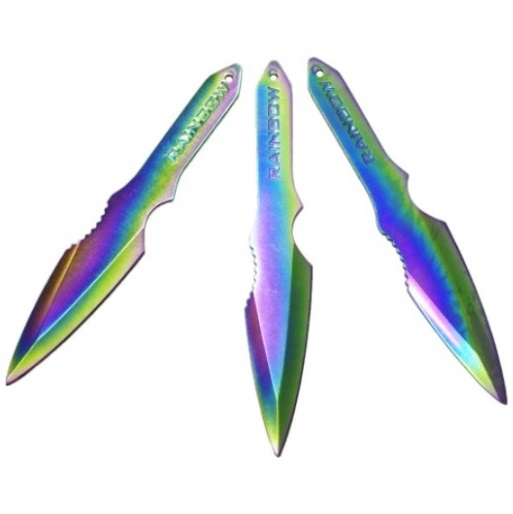 Set da lancio aerografato rainbow02 - set di 3 coltelli multicolore da lancio con lama a freccia e fodero da cintura.