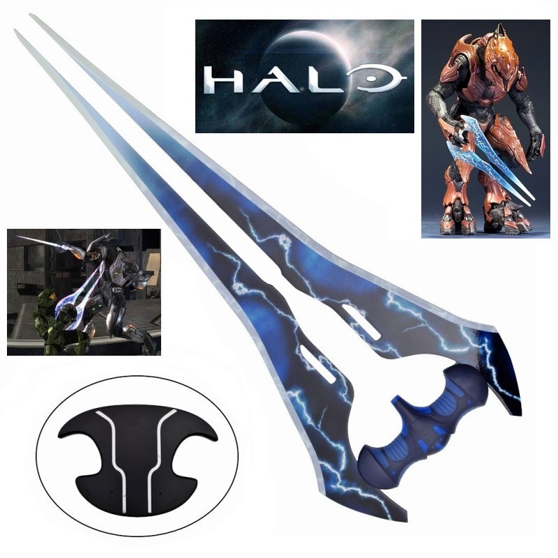 Energy sword type 1 dei sangheili blu con espositore da parete per cosplay - spada fantasy a due lame da collezione del videogioco e serie tv halo.