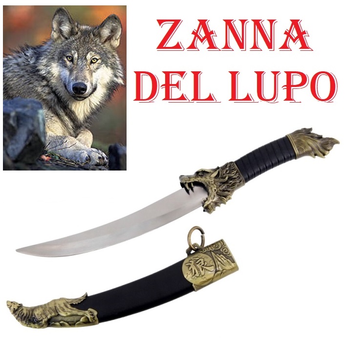 Coltello zanna del lupo - pugnale fantasy da collezione decorato con incisioni di lupi dorati.