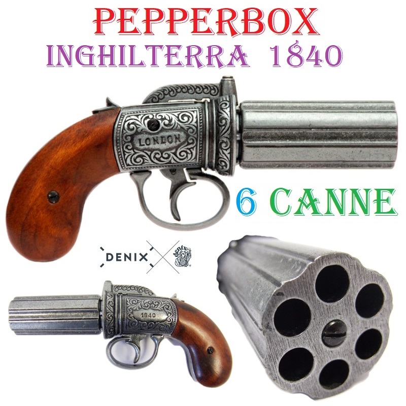 Pistola pepperbox a 6 canne del 1840 da collezione - replica storica inerte di revolver inglese a canne rotanti marca denix.