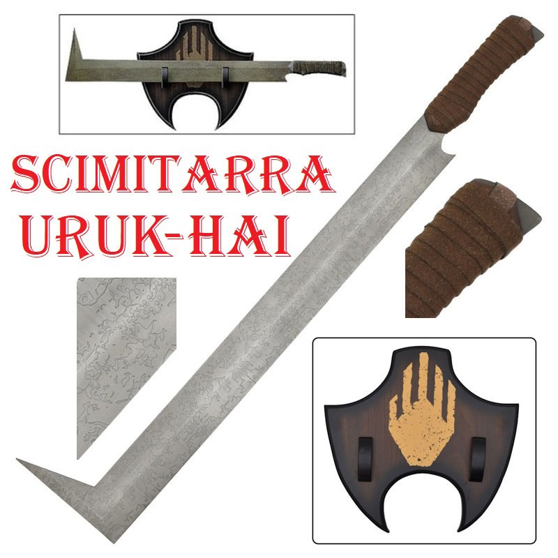 Scimitarra uruk-hai con espositore da parete per cosplay - spada ornamentale fantasy da collezione di orchi dei film il signore degli anelli.