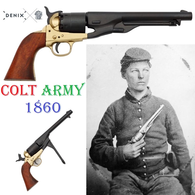 Revolver colt modello army 1860 - replica storica inerte di pistola americana di pioniere e della guerra di secessione con tamburo ad avancarica in calibro 44 dell'esercito degli stati uniti .