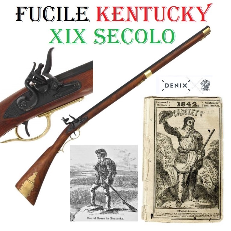 Fucile kentucky del diciannovesimo secolo da collezione della guerra d'indipendenza americana - replica storica inerte di fucile da caccia long rifle di pioniere americano ad avancarica con acciarino marca denix.