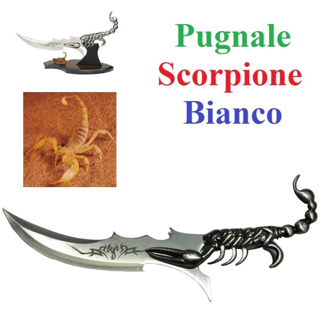 Pugnale scorpione bianco - coltello fantasy da collezione con lama decorata ed espositore da tavolo.