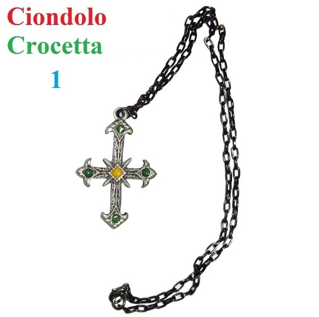 Ciondolo crocetta modello 1 - ciondolo che riproduce in miniatura una croce antica  color argento e colorato a smalto giallo e verde - prodotto in italia      .