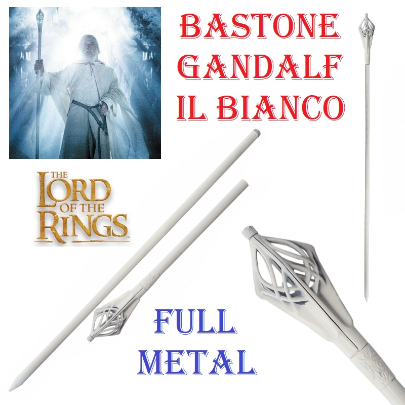 Bastone di gandalf il bianco per cosplay - asta fantasy da collezione in metallo del mago gandalf dei film il signore degli anelli .