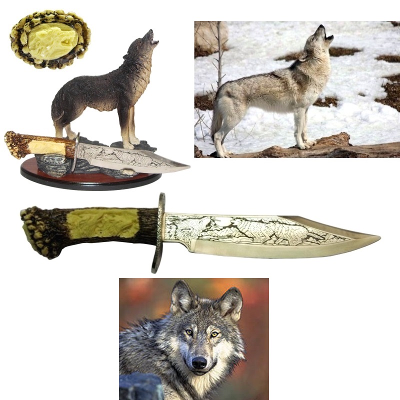 Coltello lupo - pugnale fantasy da collezione di cacciatore di montagna con lupi incisi su lama ed espositore da tavolo a forma di lupo grigio che ulula .