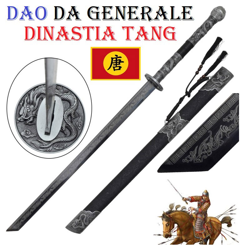 Spada tradizionale cinese modello dao da generale imperiale della dinastia tang da collezione - riproduzione di spada storica dell'esercito dell'impero cinese tngcho con lama nera decorata.