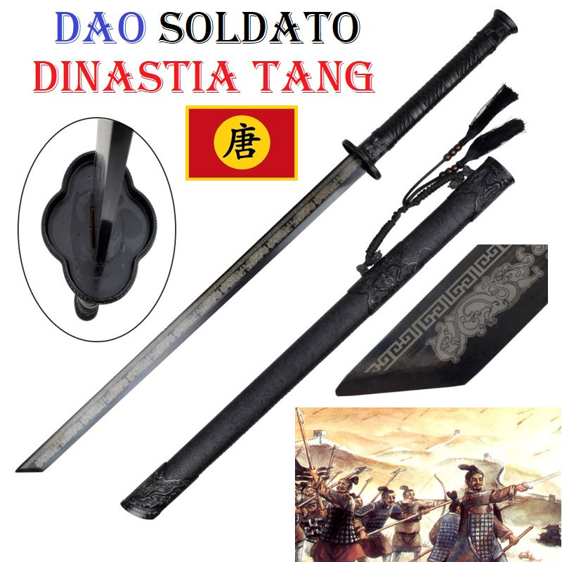 Spada tradizionale cinese modello dao da soldato imperiale della dinastia tang da collezione - riproduzione di spada storica dell'esercito dell'impero cinese tngcho con lama nera decorata.