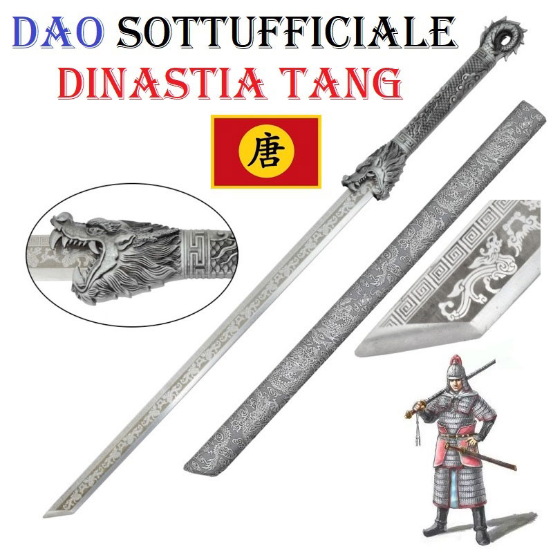 Spada tradizionale cinese modello dao da sottufficiale imperiale della dinastia tang da collezione - riproduzione di spada storica dell'esercito dell'impero cinese tngcho con lama decorata.