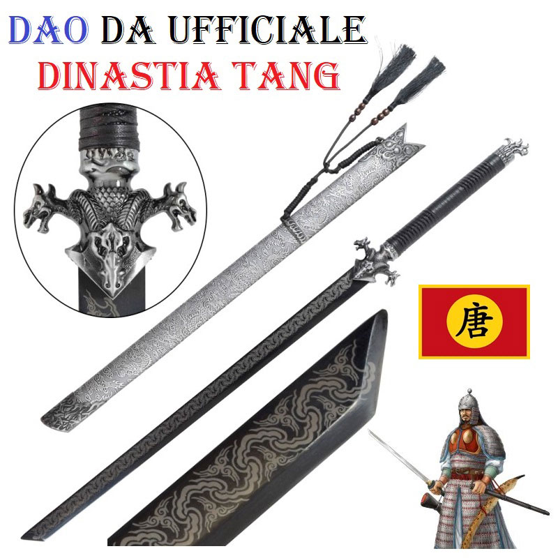 Spada tradizionale cinese modello dao da ufficiale imperiale della dinastia tang da collezione - riproduzione di spada storica dell'esercito dell'impero cinese tngcho con lama nera decorata.