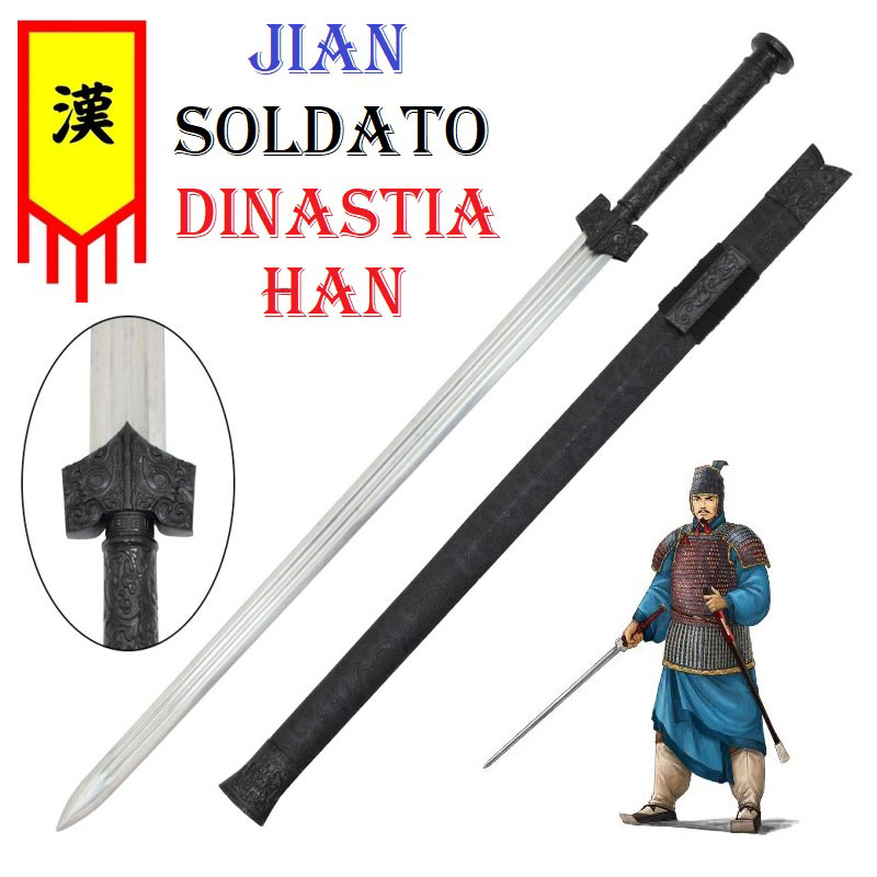 Spada tradizionale cinese modello jian da soldato imperiale della dinastia han da collezione - riproduzione di spada storica dell'esercito dell'impero cinese hncho con fodero decorato e lama con colasangue.