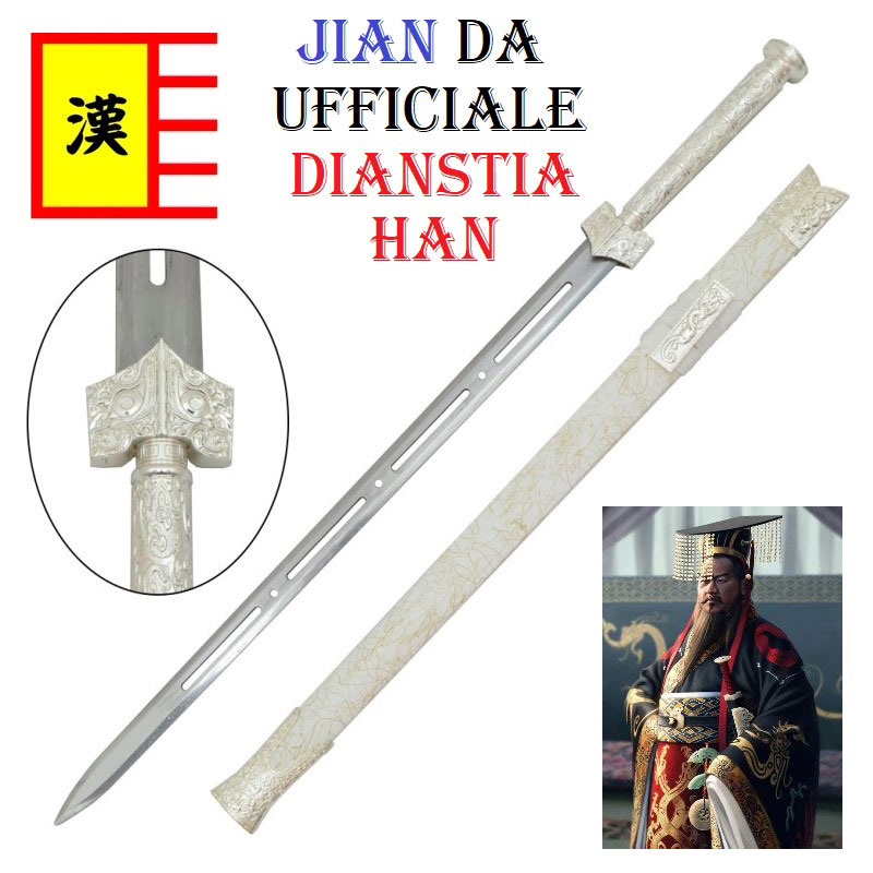 Spada tradizionale cinese modello jian da ufficiale imperiale della dinastia han da collezione - riproduzione di spada storica dell'esercito dell'impero cinese hncho con fodero decorato e lama segmentata.