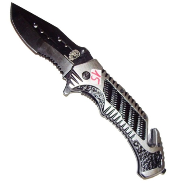 Coltello serramanico multiuso silverblack - coltello militare multilama con lama dentata nera.