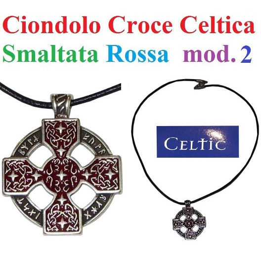 Ciondolo croce celtica smaltata rossa modello 2 - riproduzione storica di croce rossa e argento con rune celtiche - prodotto in italia.