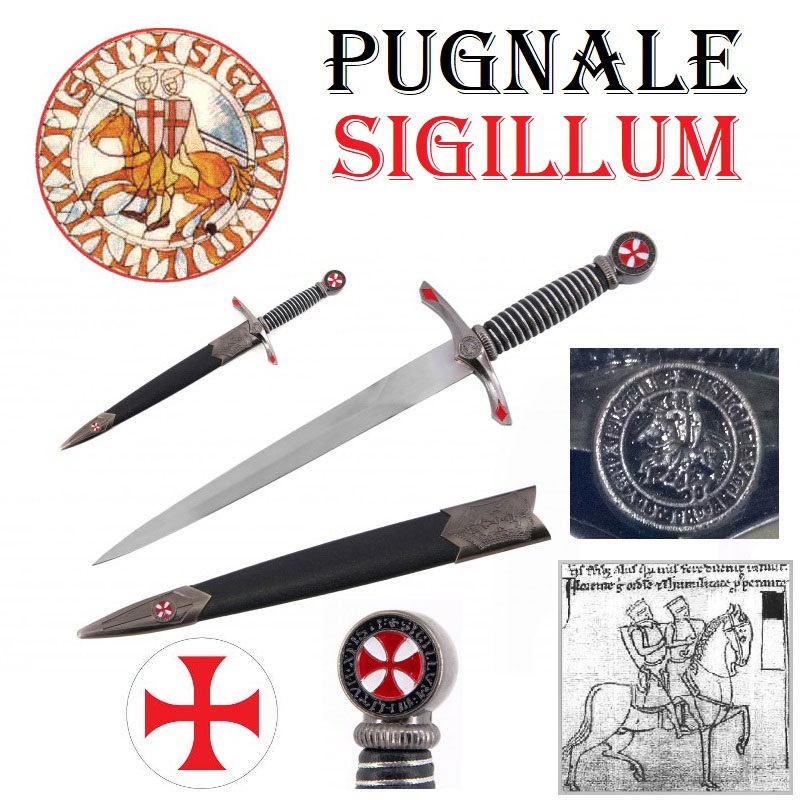 Coltello templare con sigillum militum - pugnale storico da collezione con fodero di cavaliere crociato dell'ordine del tempio di salomone.